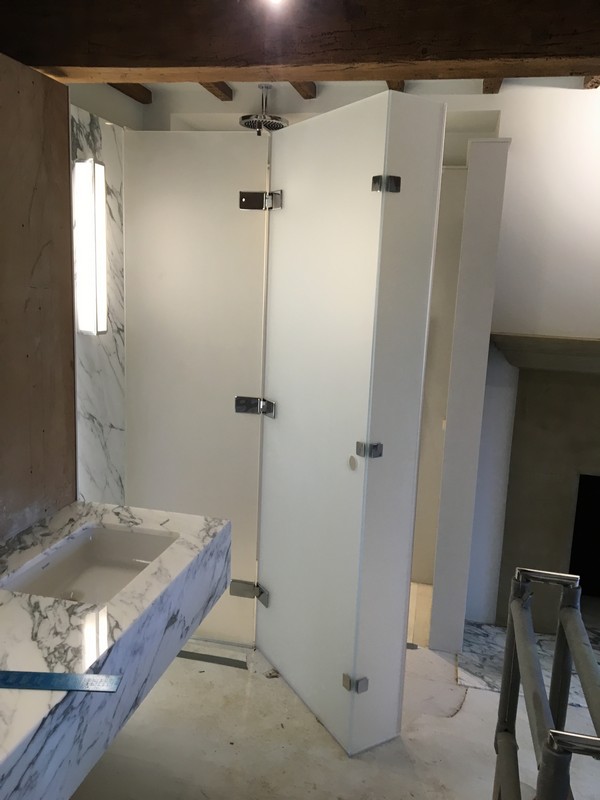 Bespoke frosted glass shower enclosure in Streatham Hill luxury bathroom